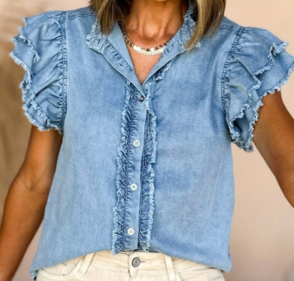 Beau Blue Button Front Ruffled Flutter Frayed Denim Top