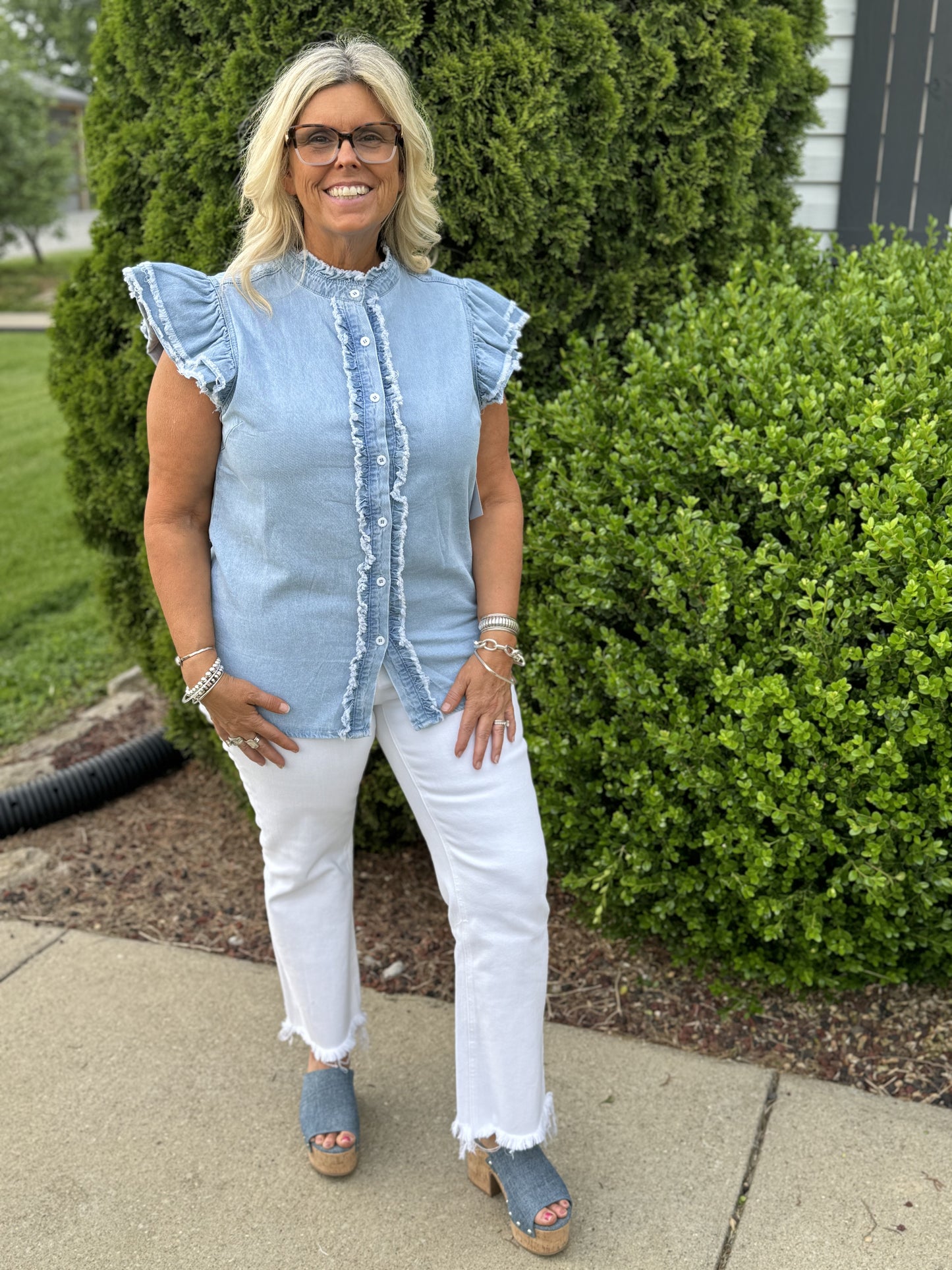 Beau Blue Button Front Ruffled Flutter Frayed Denim Top