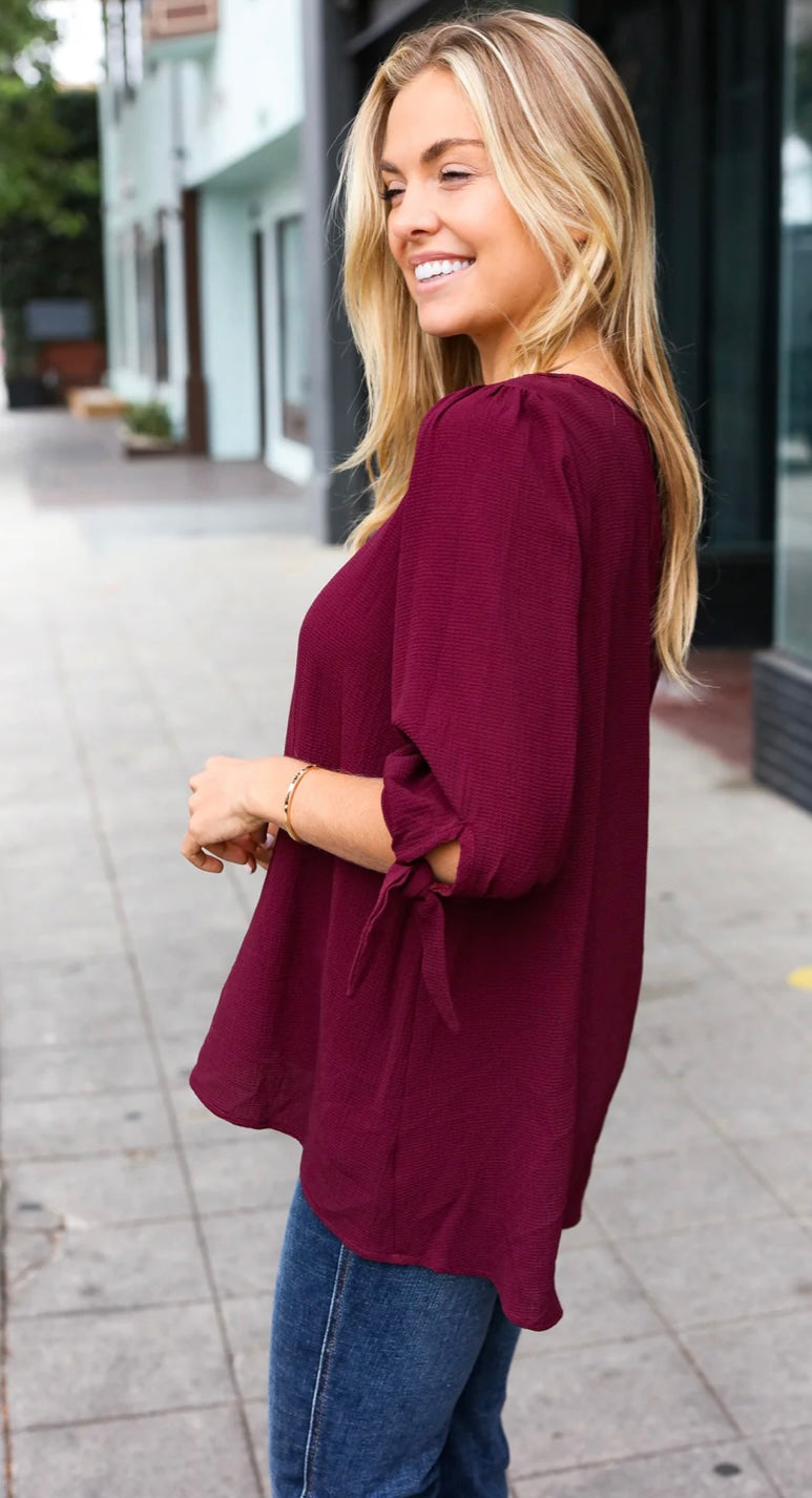 Wine Crepe Woven Tie Sleeve Top