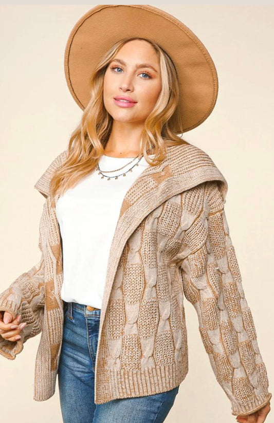 Two-tone cable knit long sleeve open cardigan