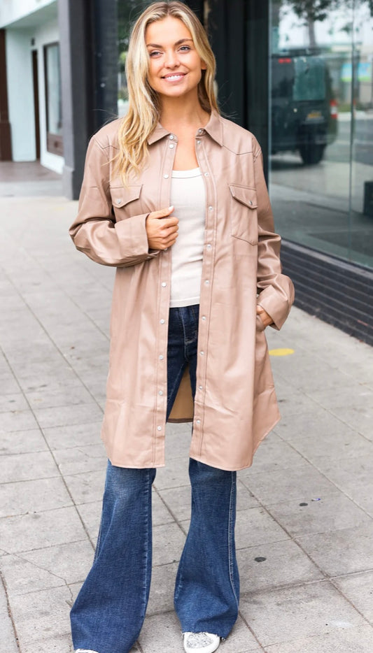 Camel Pleather Pocketed Button Down Duster Coat