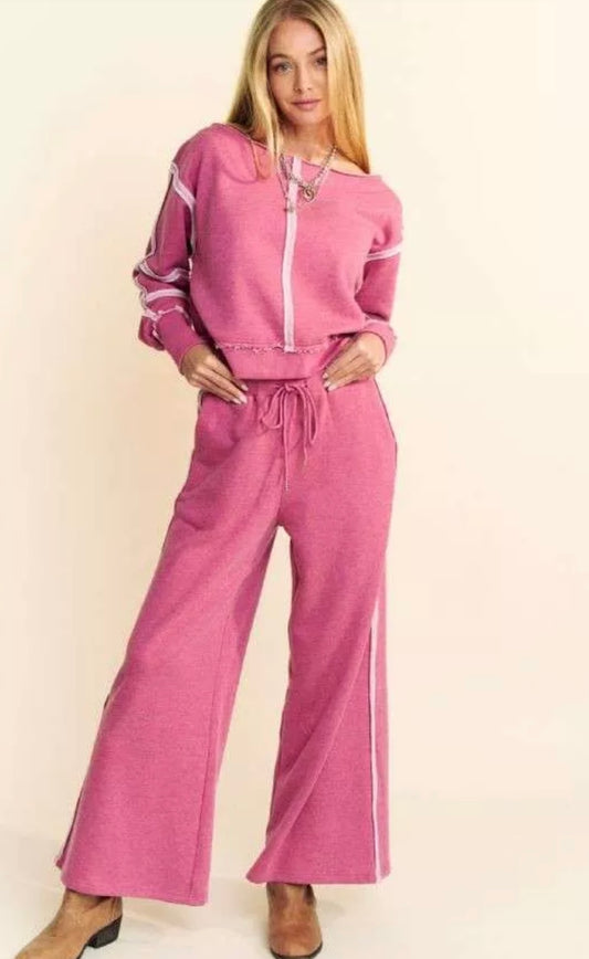 Pink Raw Edge Outseam Elastic Waistband Pants Set