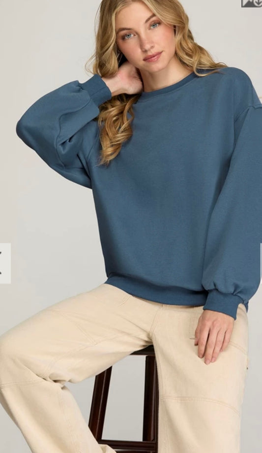 Dusty Blue Long Sleeve French Terry Knit Top