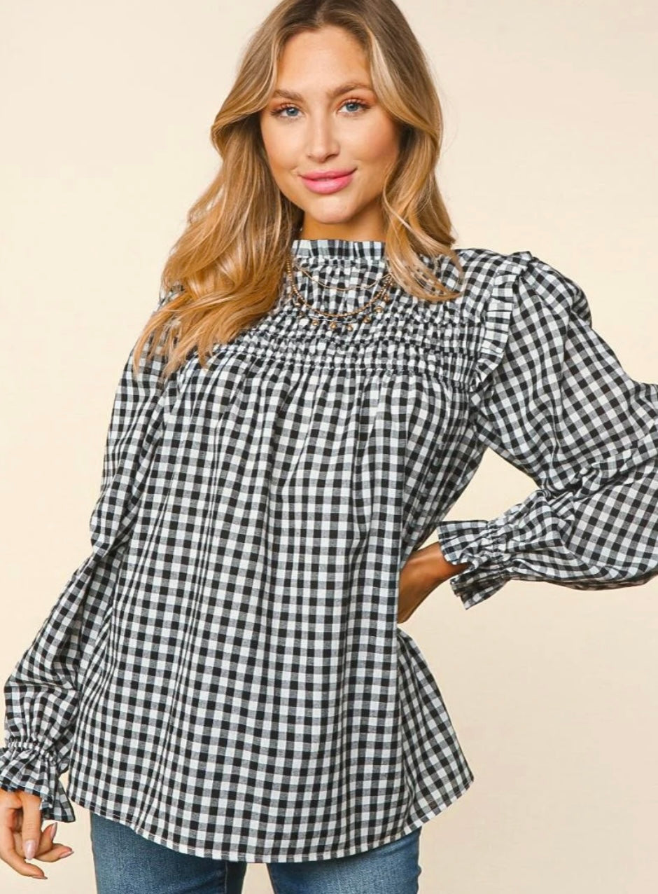 Frilled Black & White Gingham Blouse