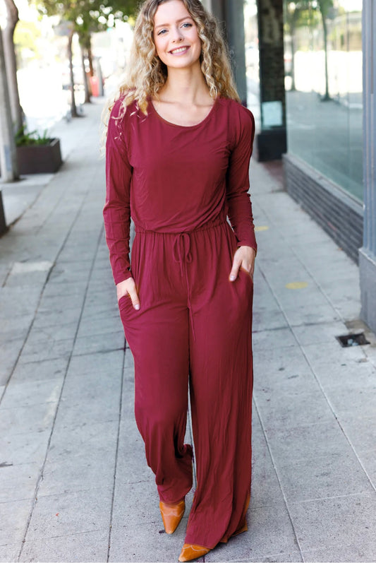 Burgundy Solid Pocketed Jump Suit