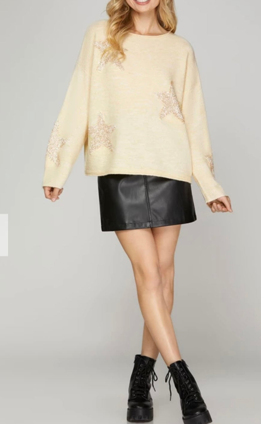 Cream Long Sleeve Star Sequins Sweater