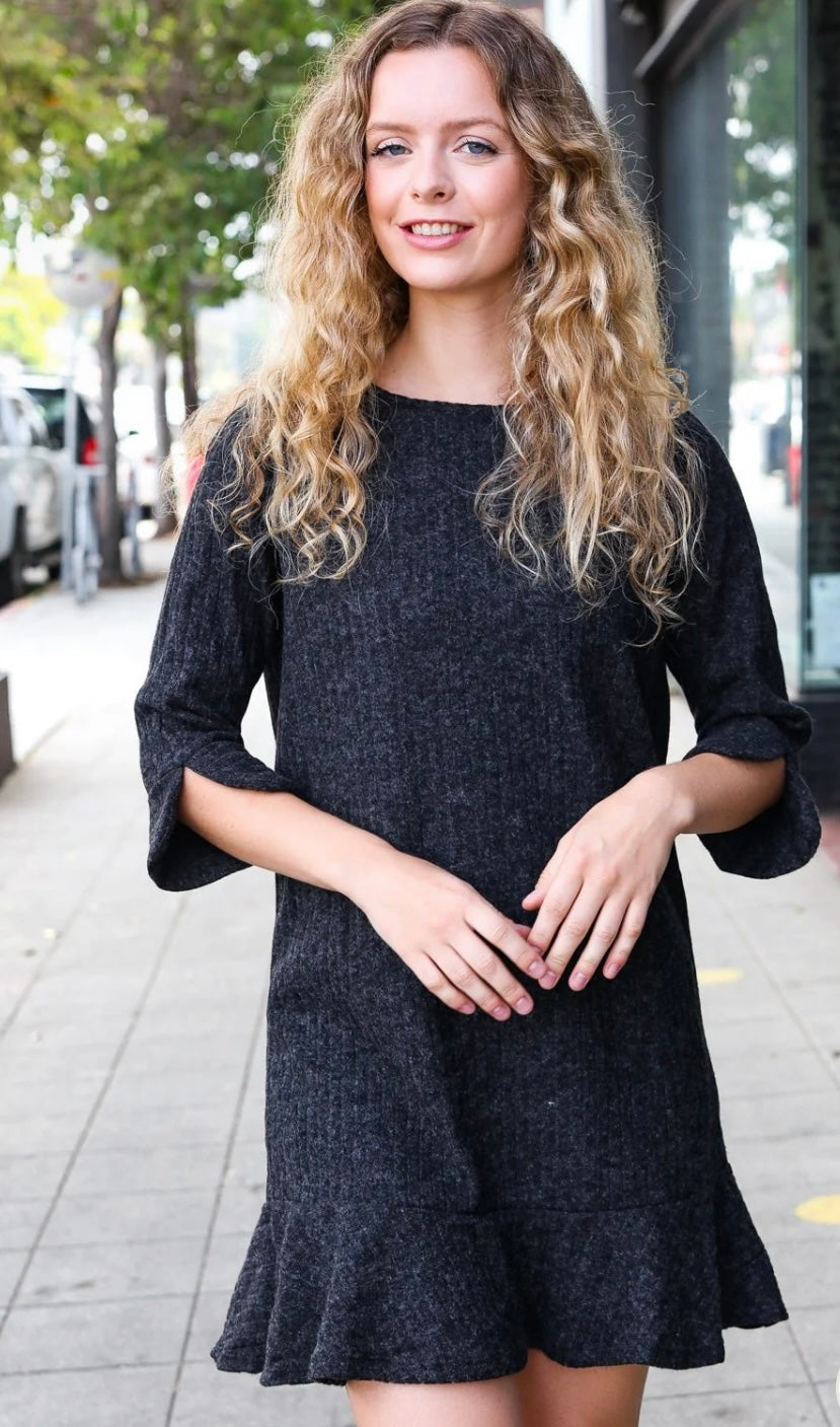 Dark Grey Ruffle Ribbed Sweater Dress