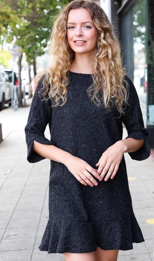 Dark Grey Ruffle Ribbed Sweater Dress