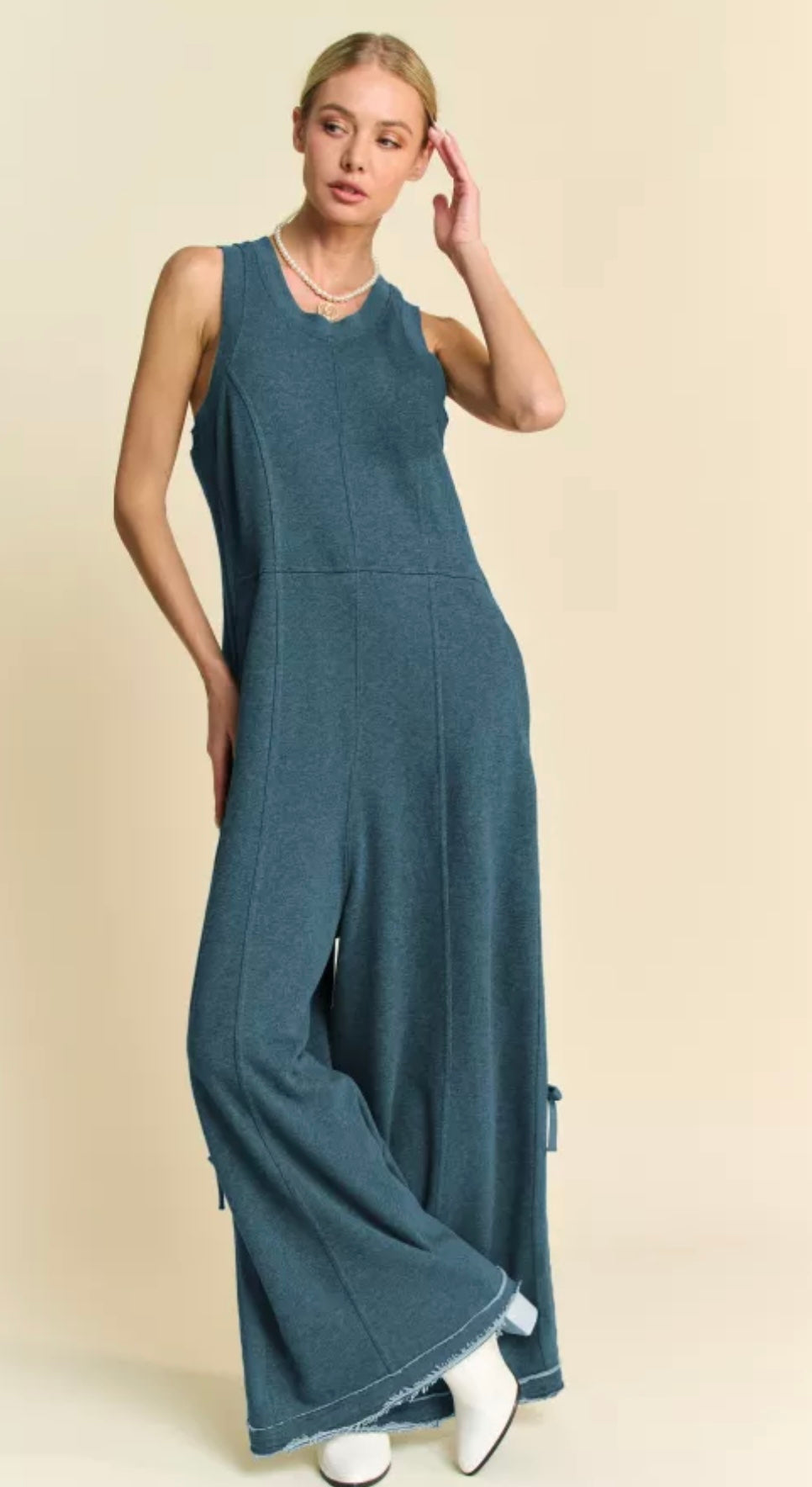 Teal Ribbed Contrast Ruched Side Seam French Jumpsuit