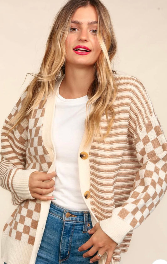 Button Down Checker Stripe Sweater Cardigan