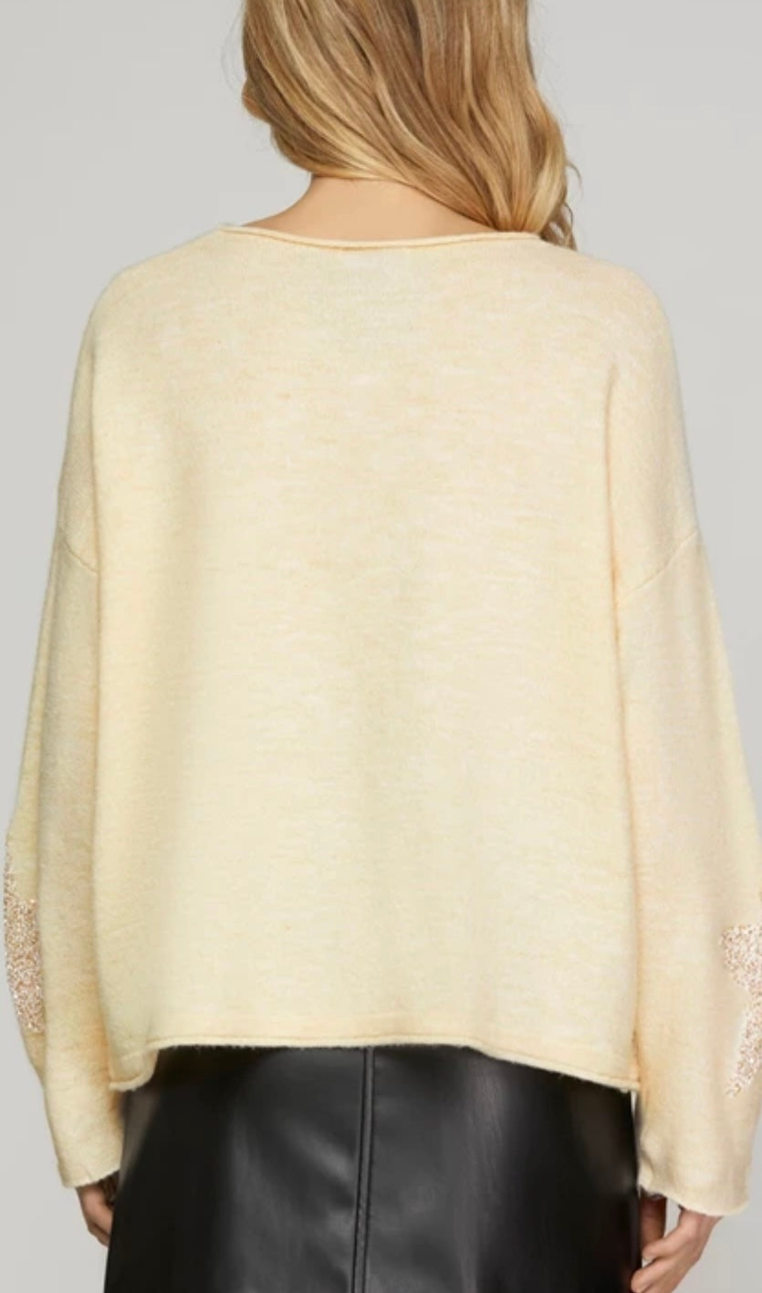 Cream Long Sleeve Star Sequins Sweater