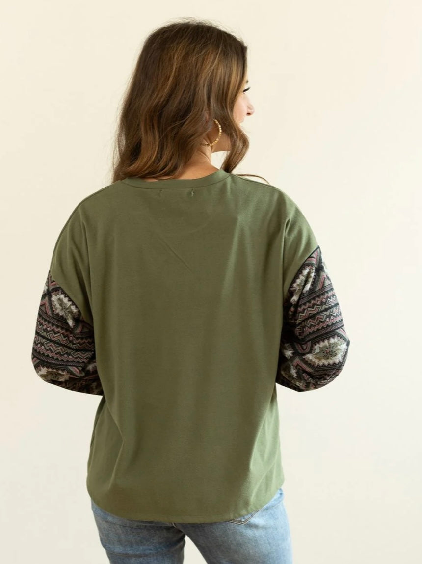 Olive Green Top with Aztec Sleeves