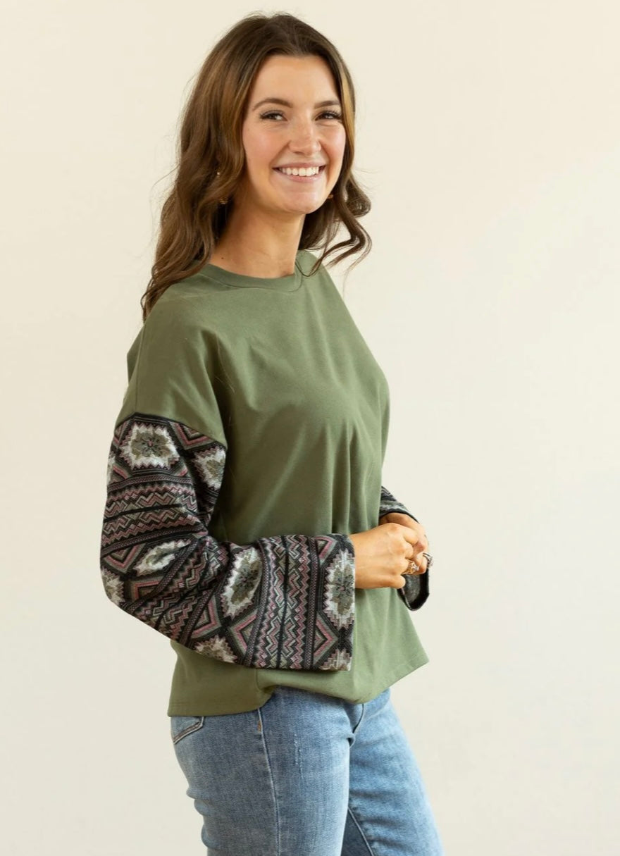 Olive Green Top with Aztec Sleeves