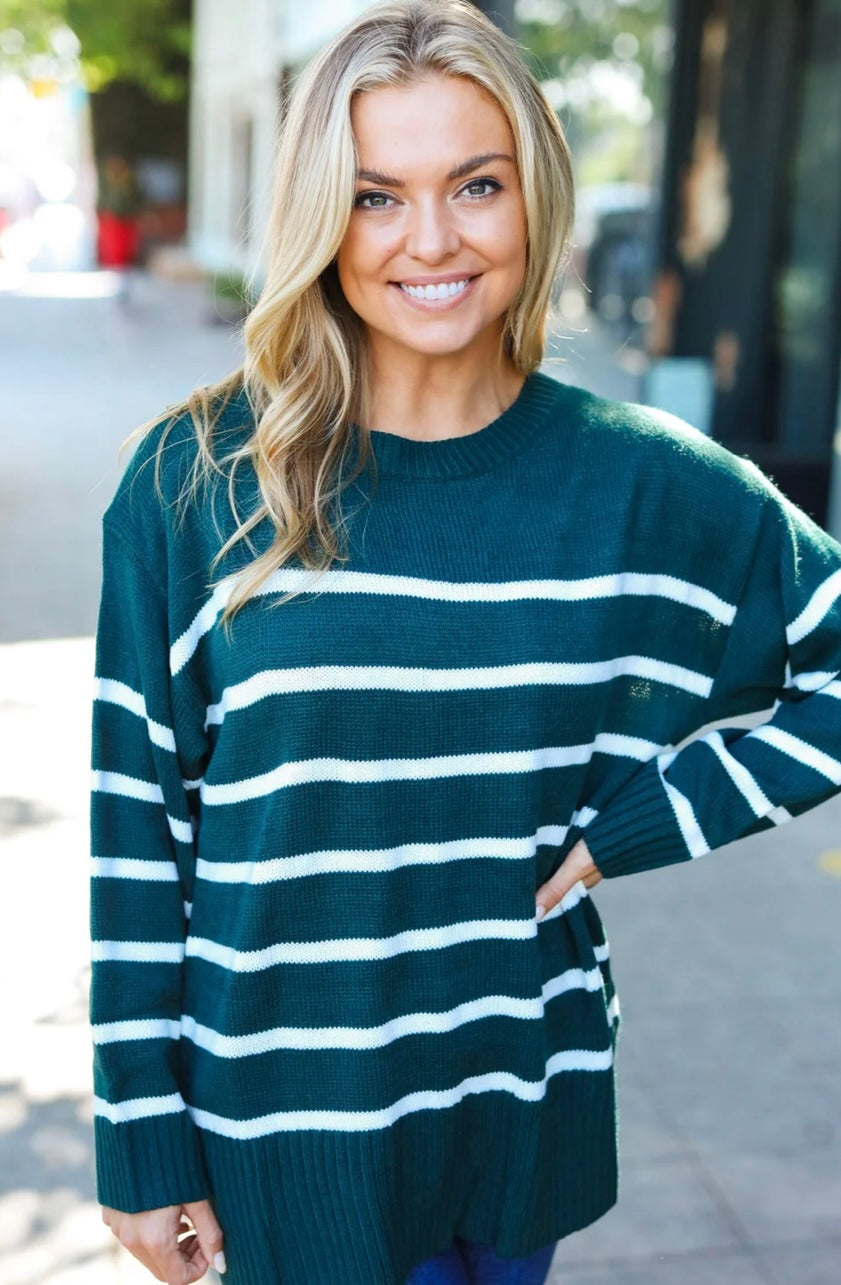 Stand Out Hunter Green Stripped Oversized Sweater