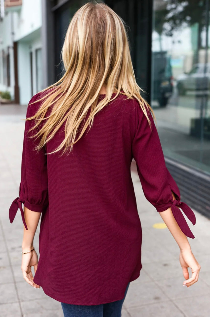 Wine Crepe Woven Tie Sleeve Top