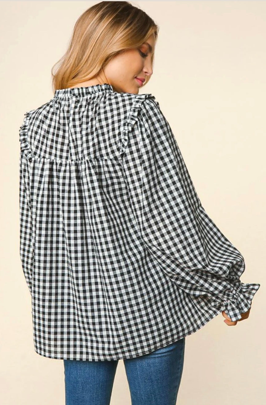 Frilled Black & White Gingham Blouse