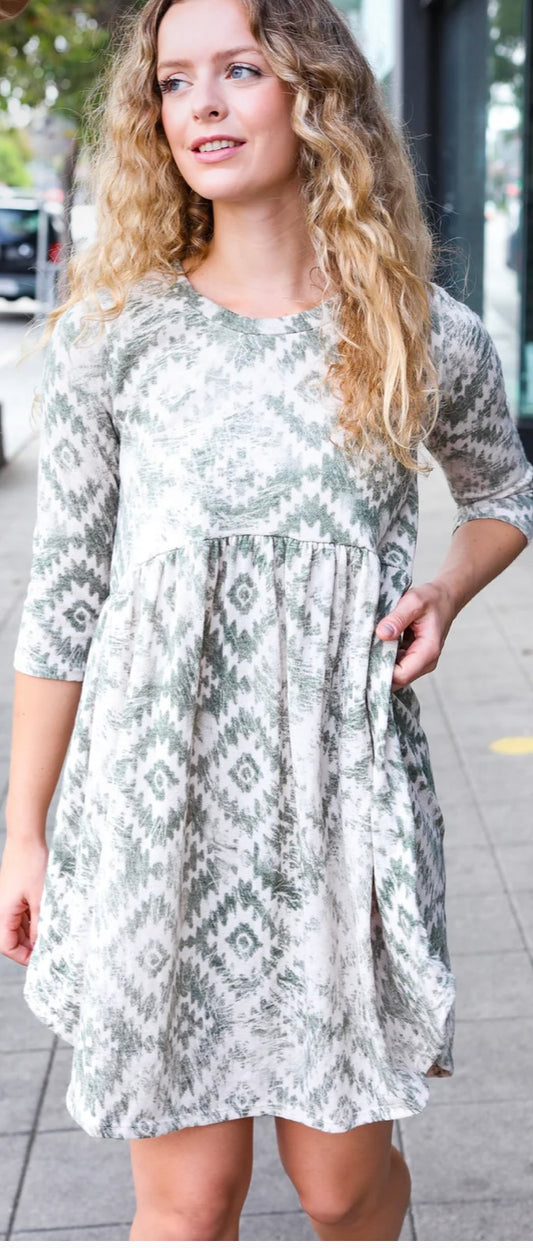 Aztec Cream and Olive Babydoll Dress