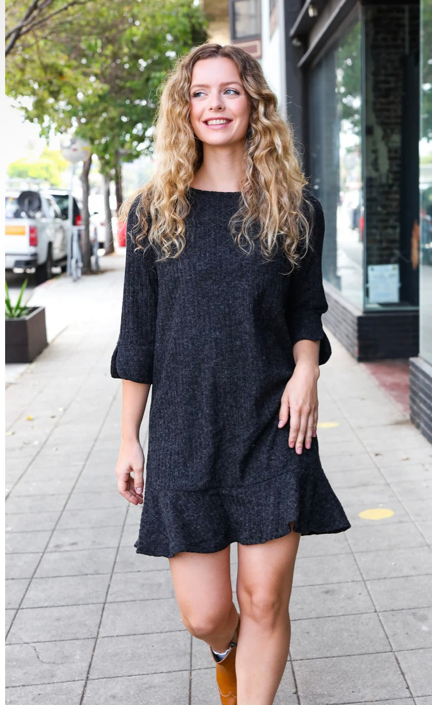 Dark Grey Ruffle Ribbed Sweater Dress