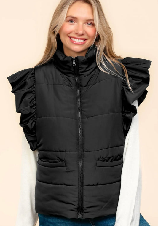 Black Puffer Vest with Ruffle Sleeves