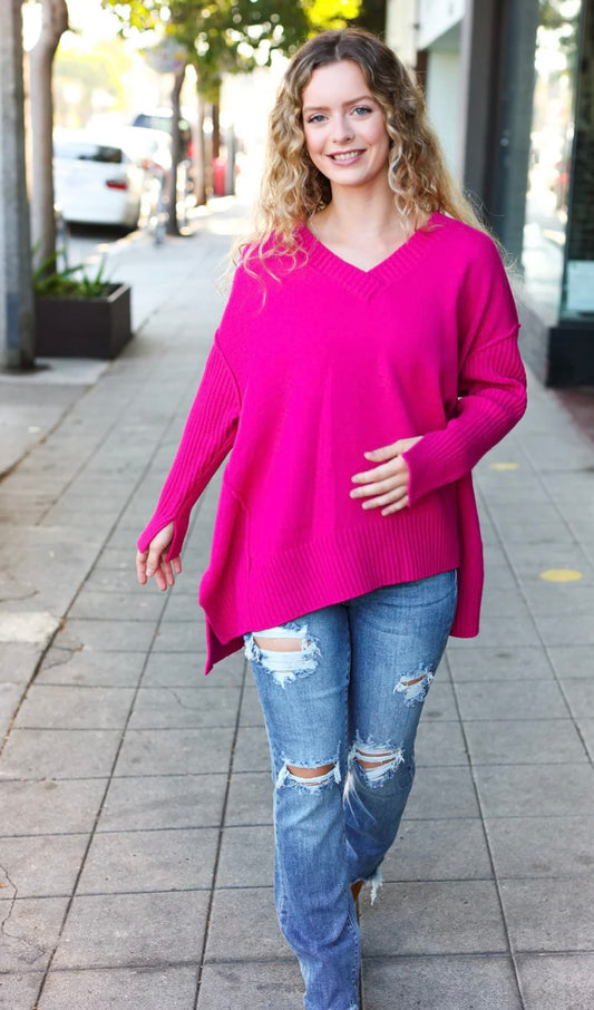 Magenta Oversized V Neck Sweater