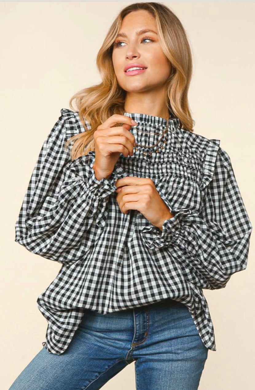 Frilled Black & White Gingham Blouse