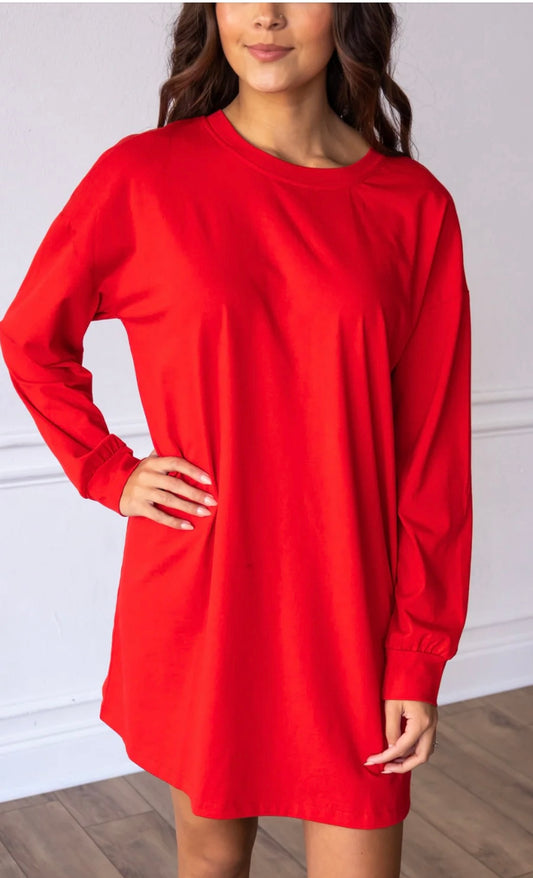 Red Long Sleeved Tee Shirt Dress