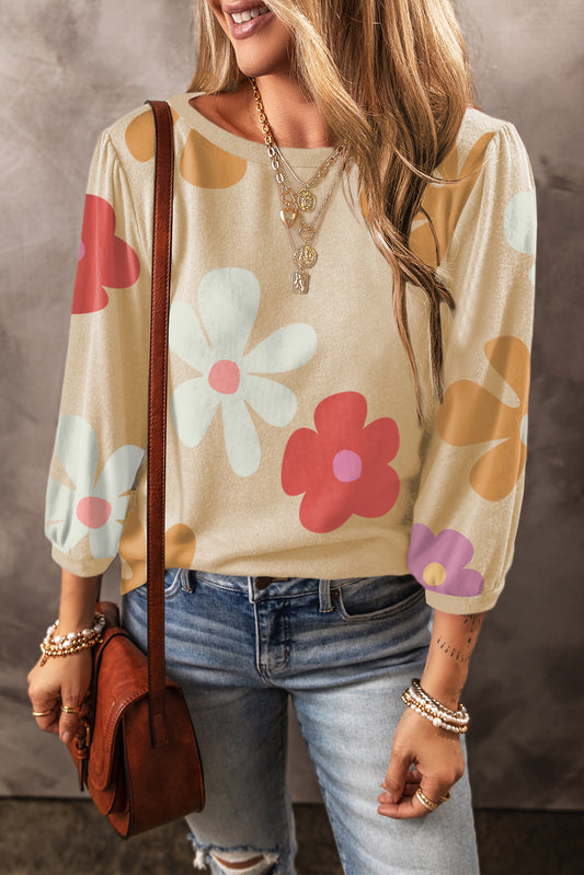 Apricot Flower Print Bracelet Sleeve Top