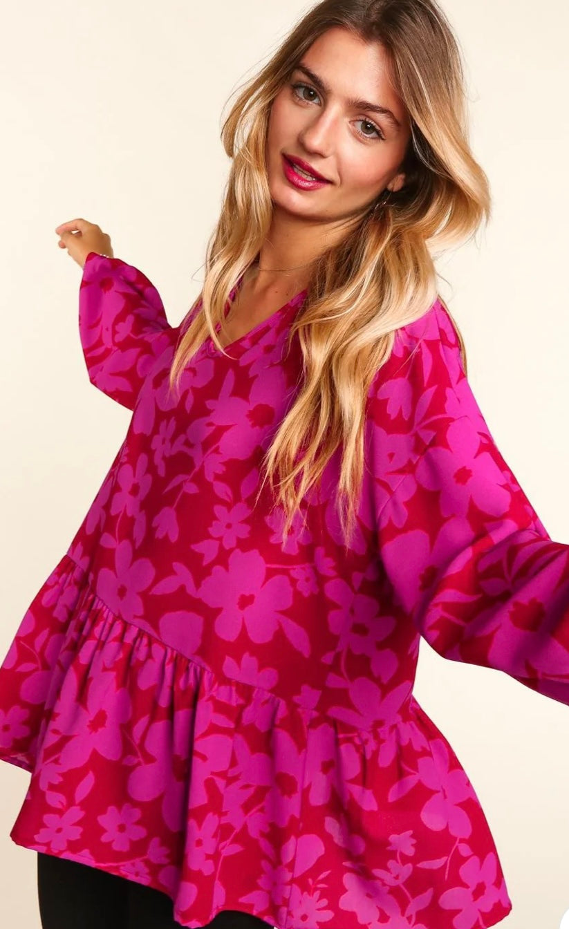 FLORAL PEPLUM BUBBLE LONG SLEEVE WOVEN TOP