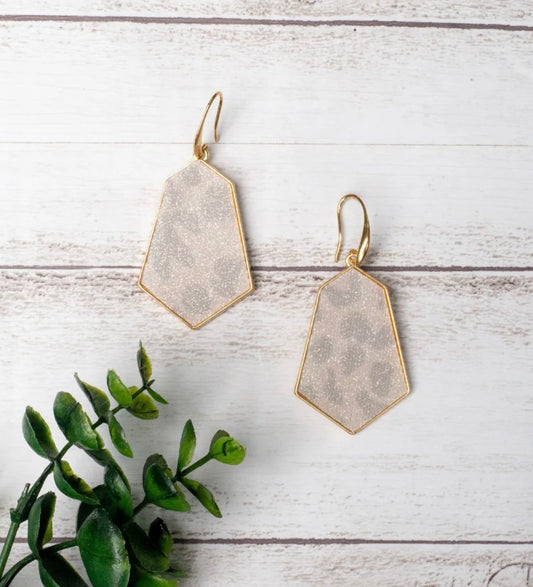 Serving Up Sass Shimmery Grey Leopard Hexagon Earrings