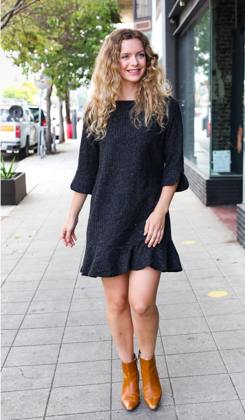 Dark Grey Ruffle Ribbed Sweater Dress