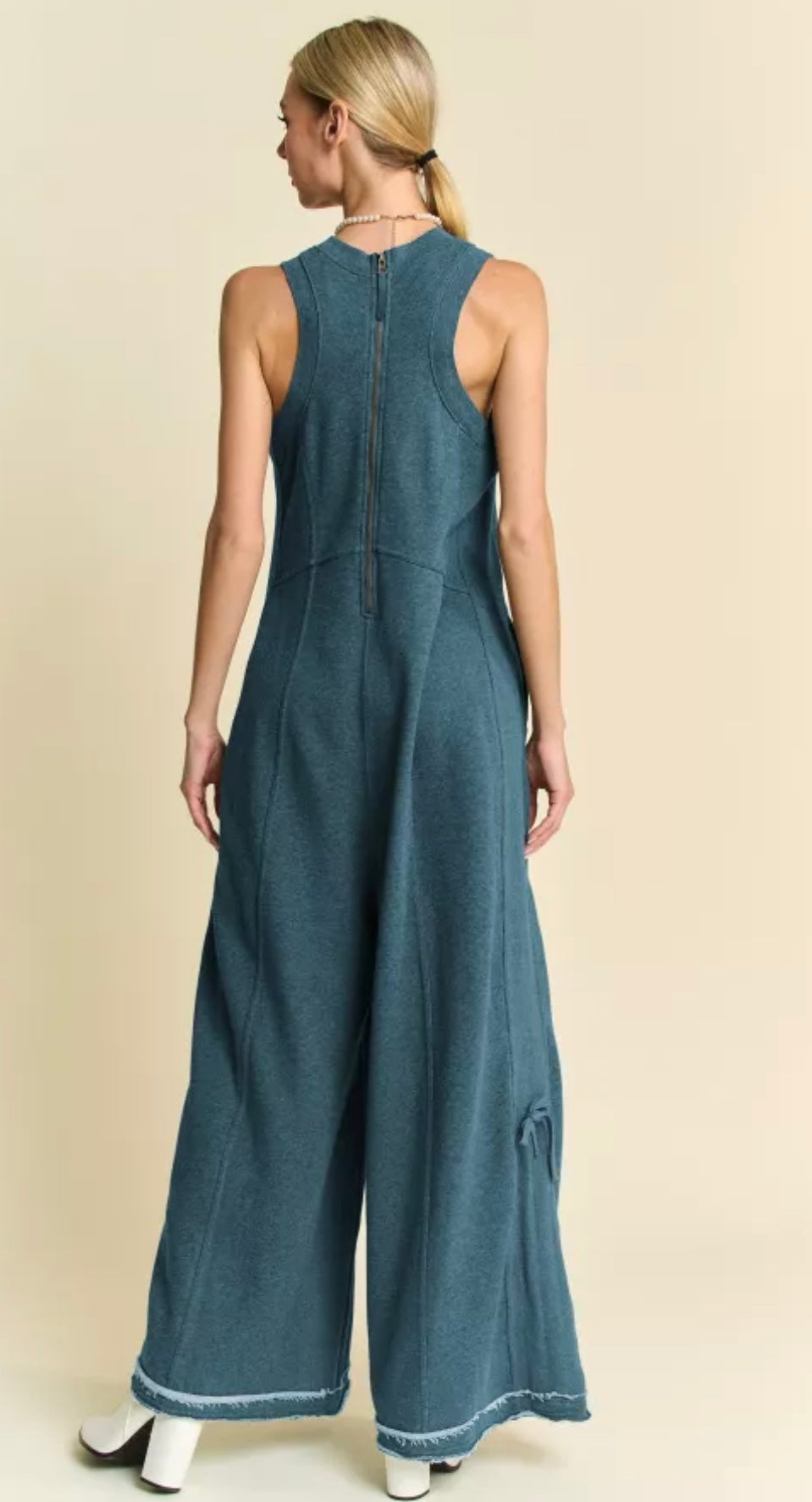 Teal Ribbed Contrast Ruched Side Seam French Jumpsuit