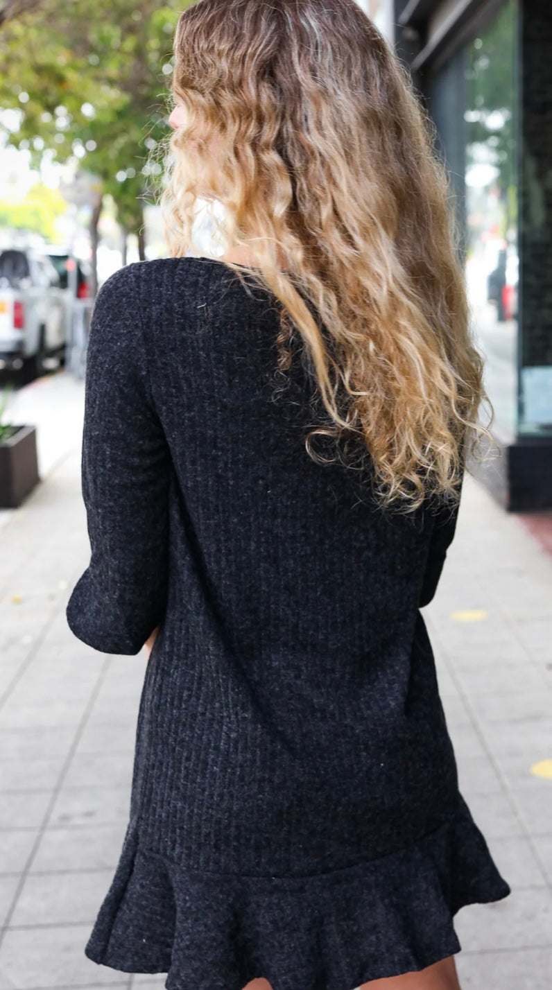 Dark Grey Ruffle Ribbed Sweater Dress