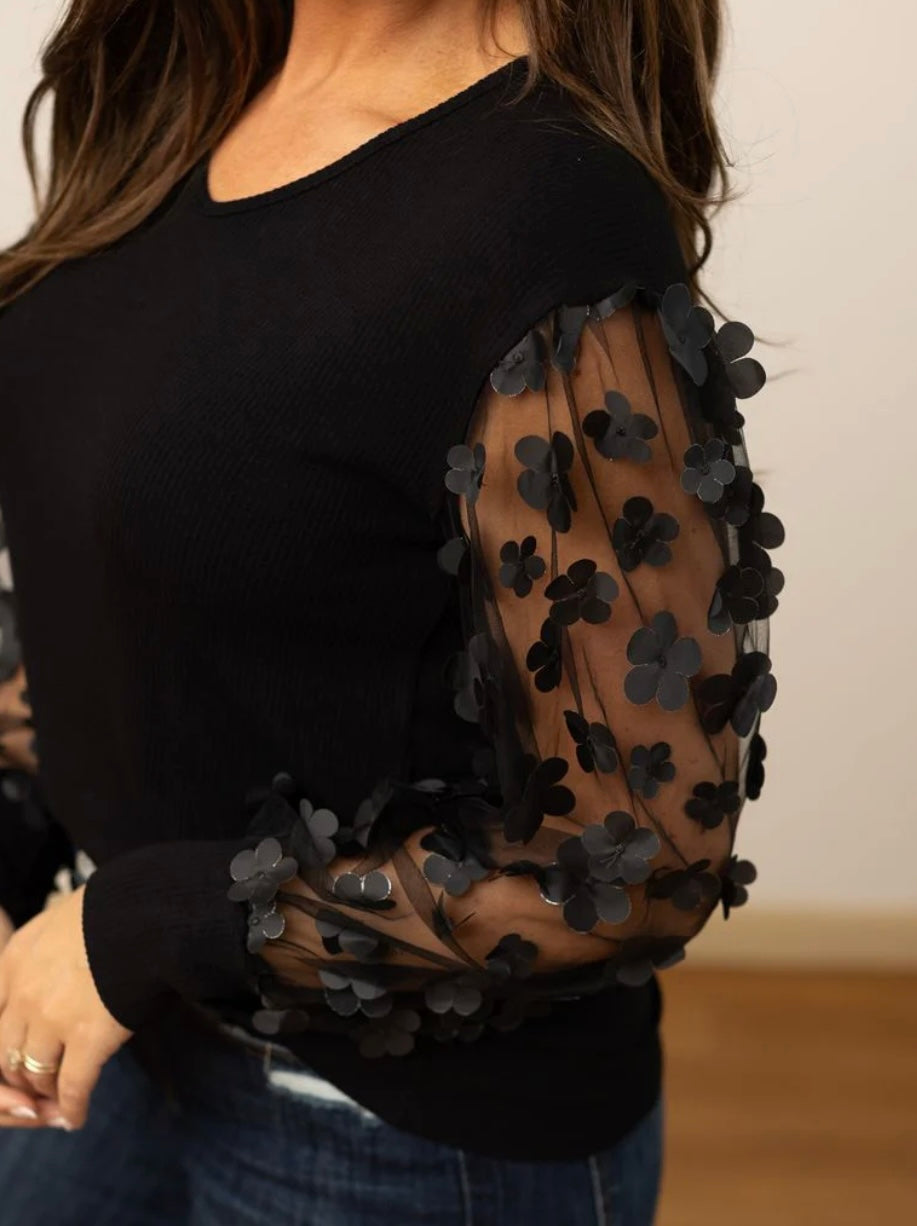 Black Floral Mesh Sleeve Top