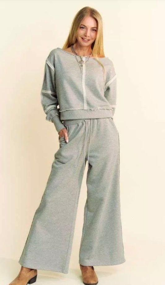 Grey Raw Edge Outseam Top Elastic Waistband Pants Set