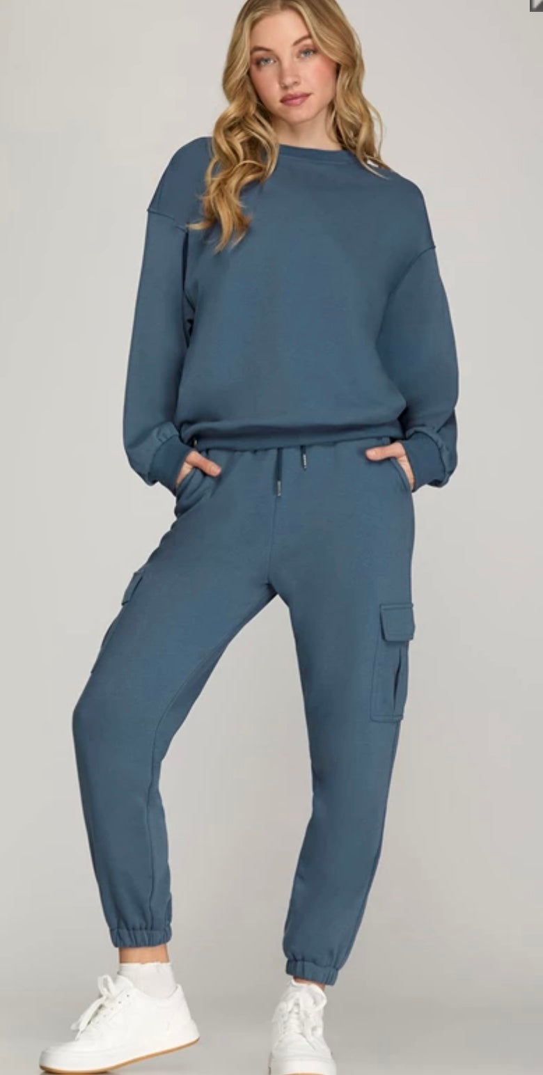 Dusty Blue French Terry Knit Cargo Joggers