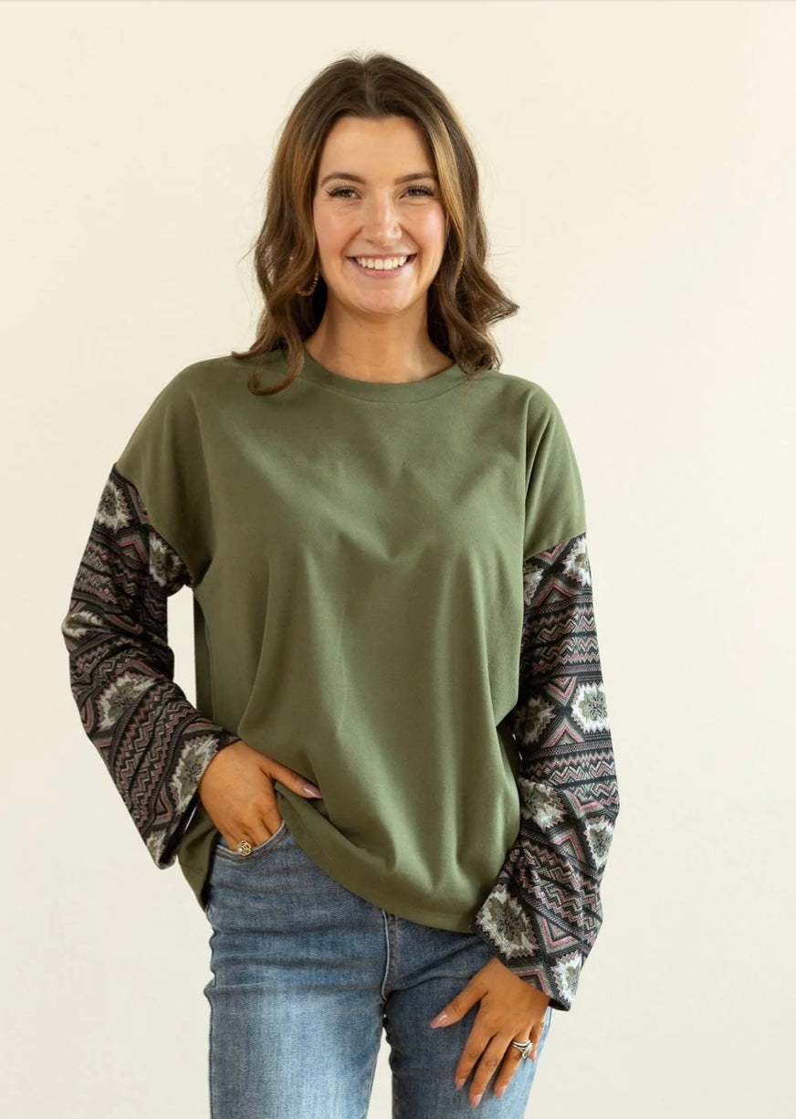 Olive Green Top with Aztec Sleeves