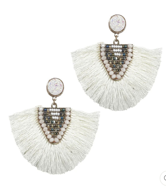 Fan Out Cream & Grey Beaded Earrings