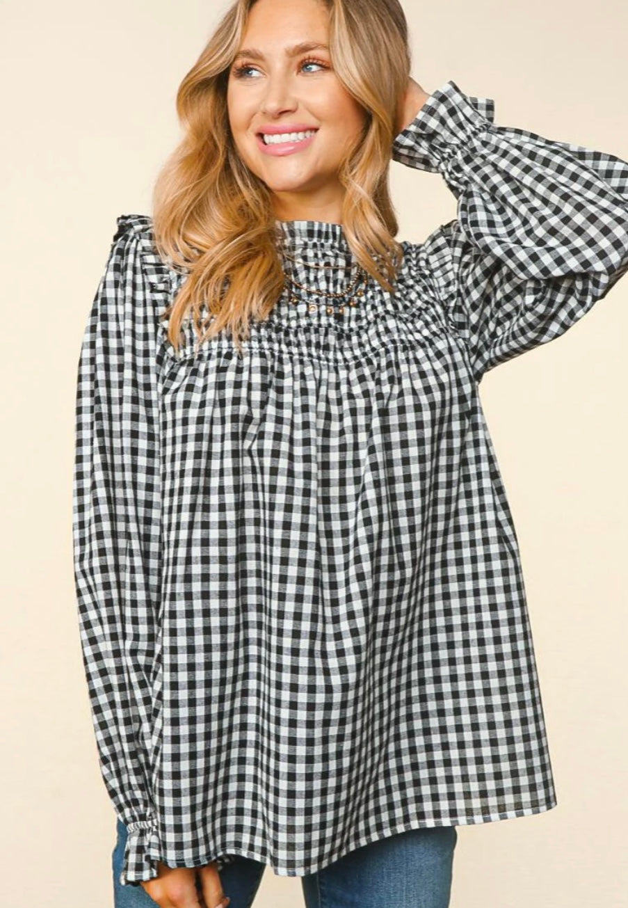 Frilled Black & White Gingham Blouse