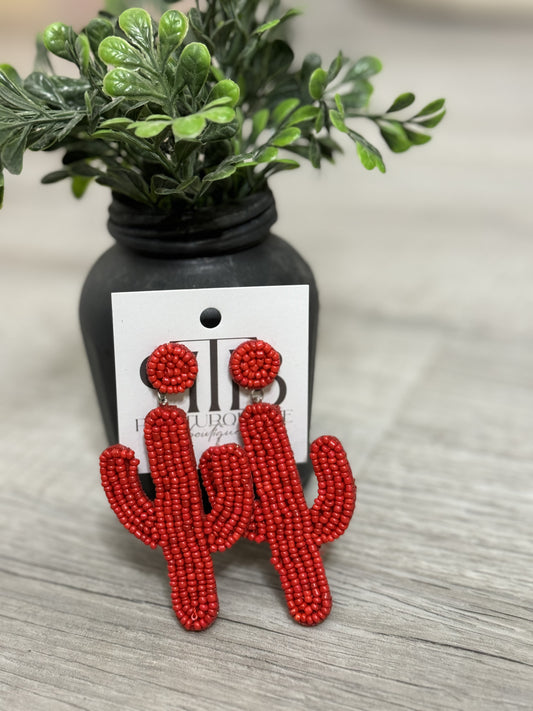 Red Beaded Cactus Earrings