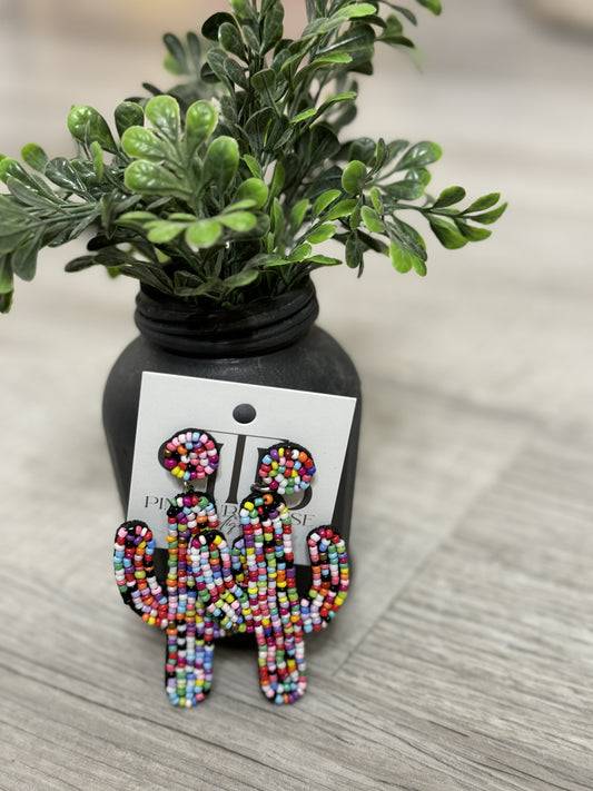 Multi-Color Beaded Cactus Earrings