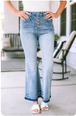 High Waisted Buttoned Distressed Flared Jeans