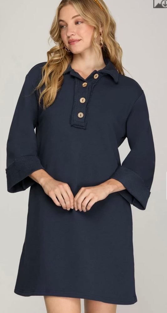 Navy 3/4 Sleeve Collard Dress