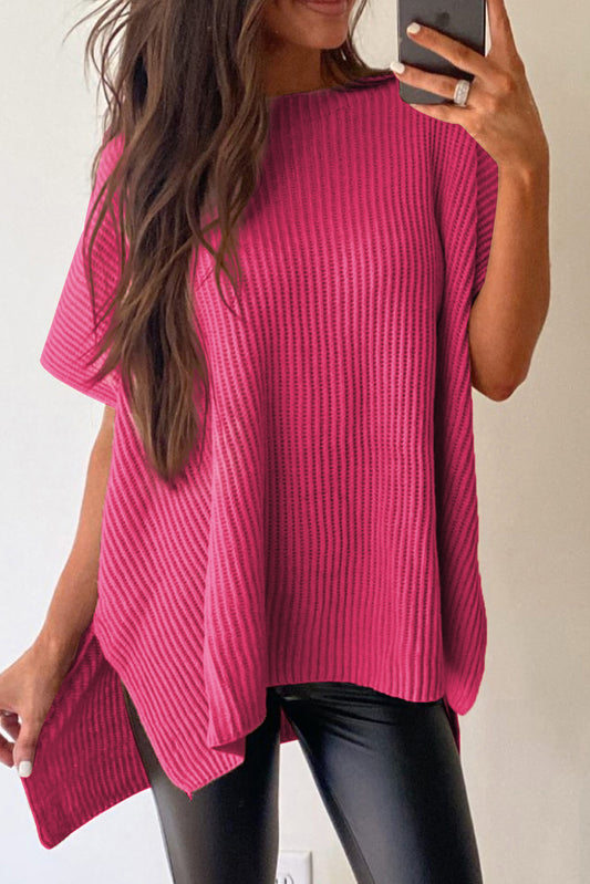 Rose Red Short Sleeve Side Slit Oversized Sweater