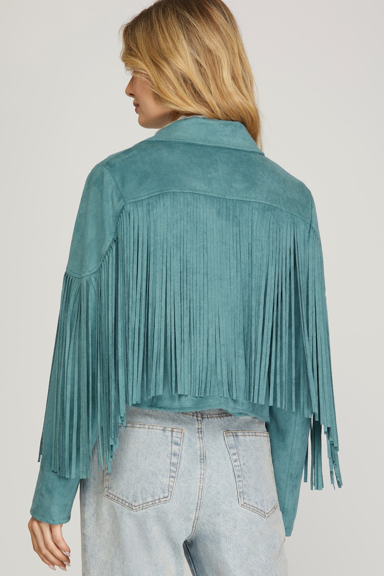 Teal Faux Suede Fringe Jacket