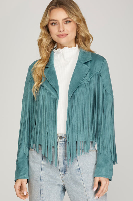 Teal Faux Suede Fringe Jacket