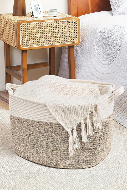 Beige Colorblock Handled Large Capacity Cotton Basket