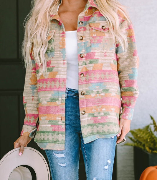 Multicolor Western Aztec Print Button Flap Pocket Shacket